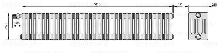 Схема (чертеж) Радиатор Zehnder Charleston 6026/35 №V012 Белый глянцевый RAL 9016